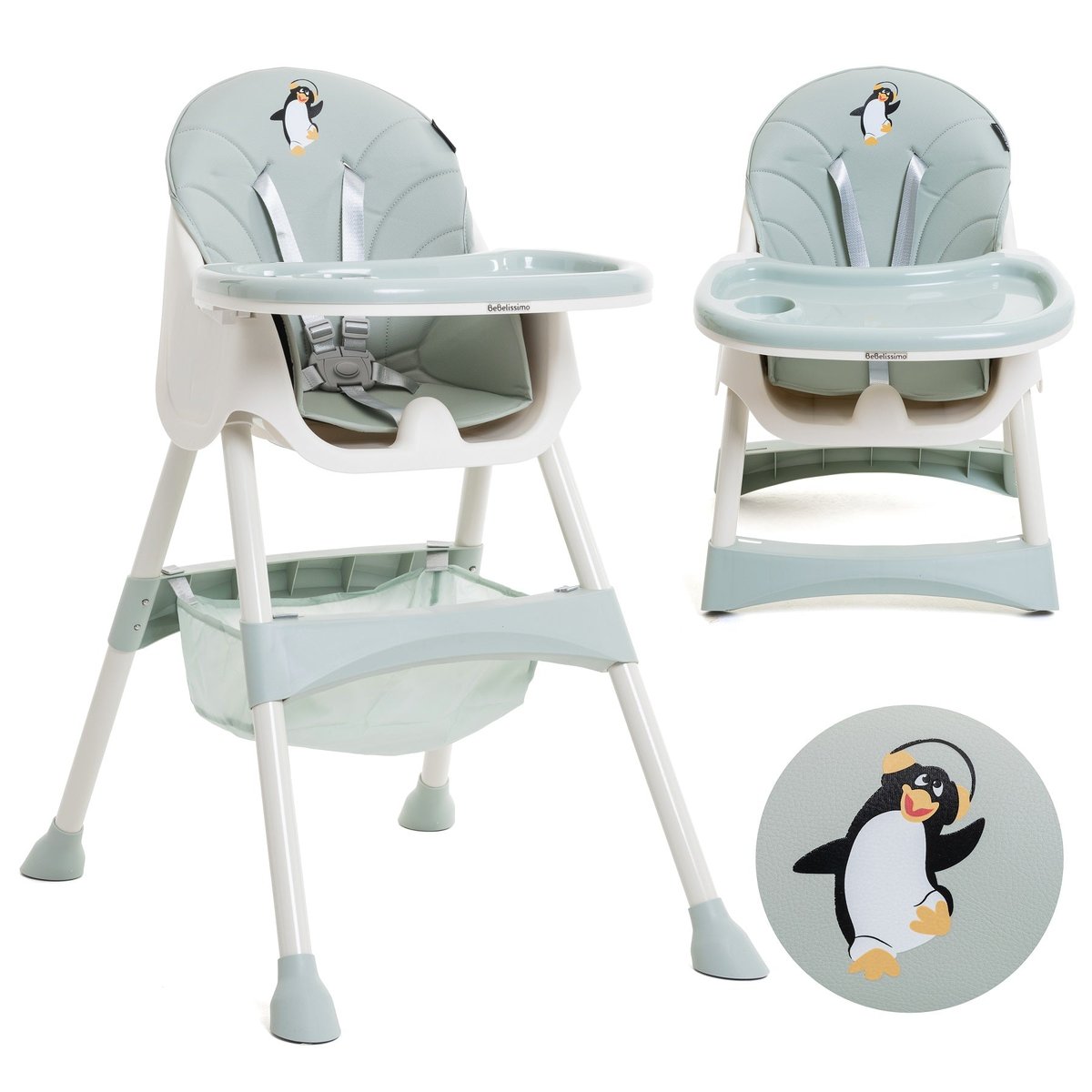 Chaise Haute Bébé Evolutive -dès 6 mois jusqu’à 20kg -Disco Pinguin - hauteur réglable - vert couleur unique, BEBELISSIMO J'AIME
