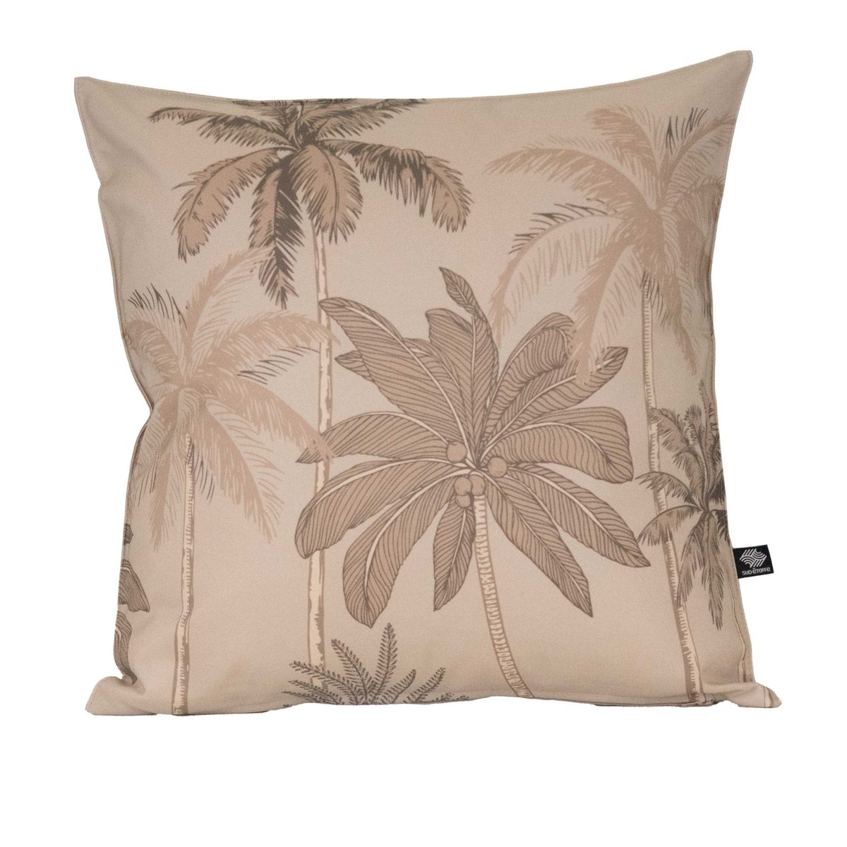 Coussin d'extérieur déperlant imprimé palmiers taupe, SUD ETOFFE