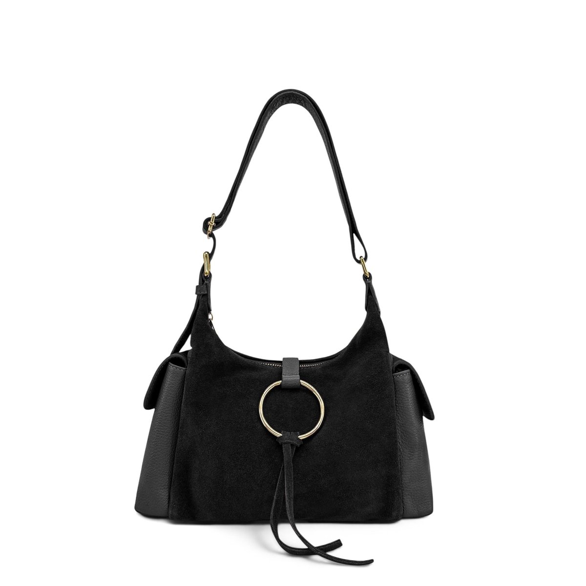 Sac hobo en cuir grainé et cuir velours LARA noir, OH MY BAG