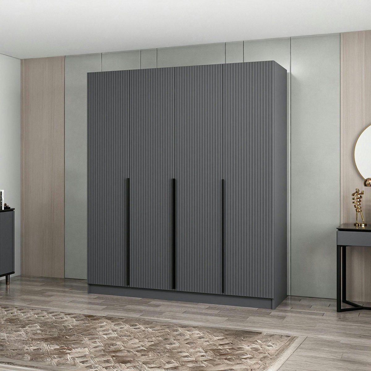 Armoire 4 portes, 1 penderie 8 niches 2 tiroirs BYRON anthracite, PIER IMPORT