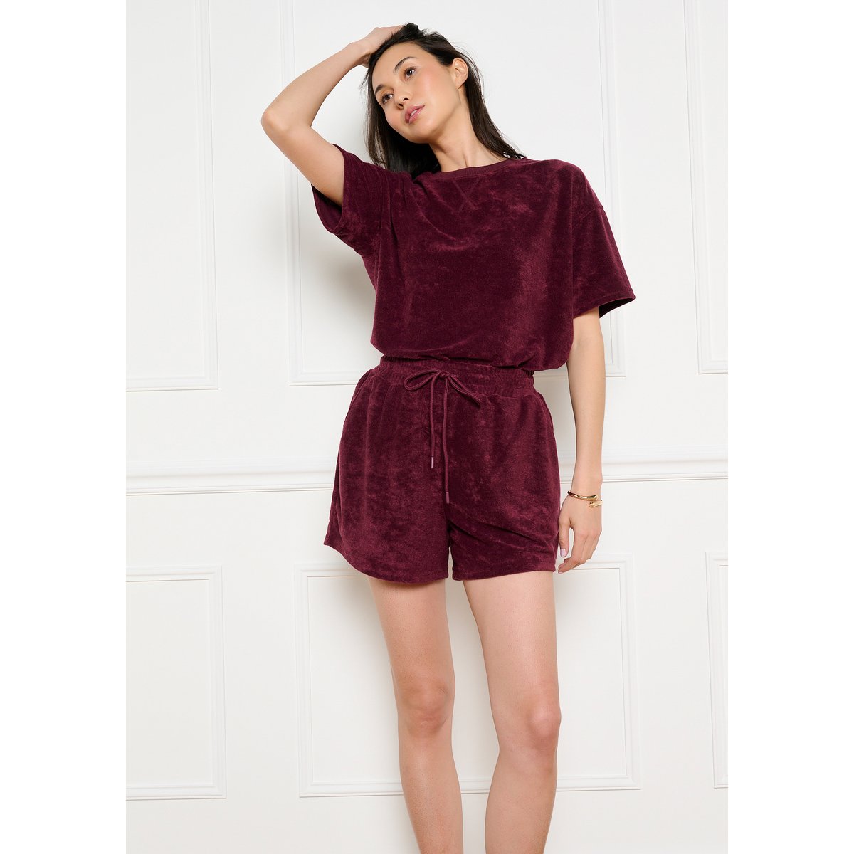 Short éponge taille nouée aubergine, LOLALIZA