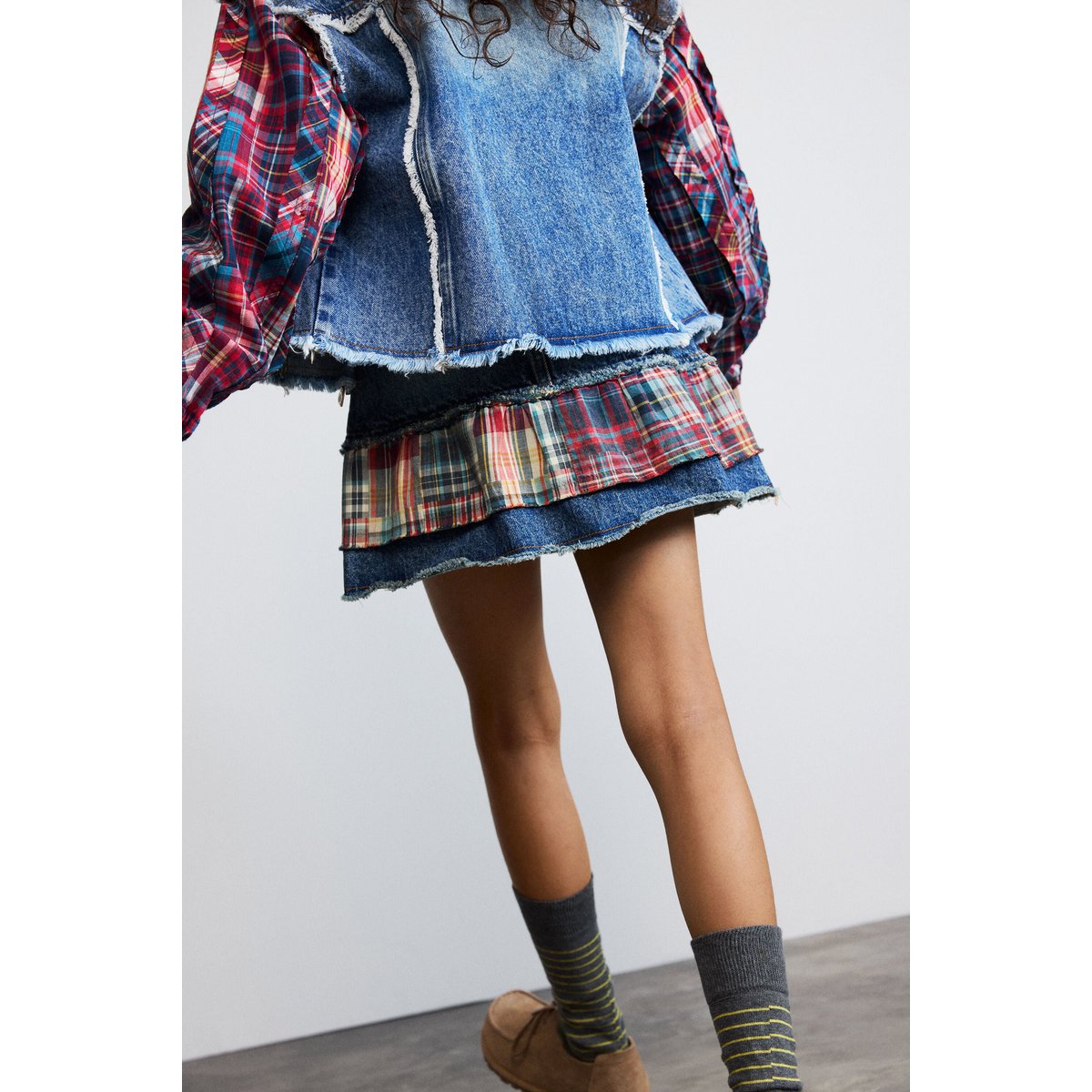 Jupe en jean à carreaux bleu, DESIGUAL