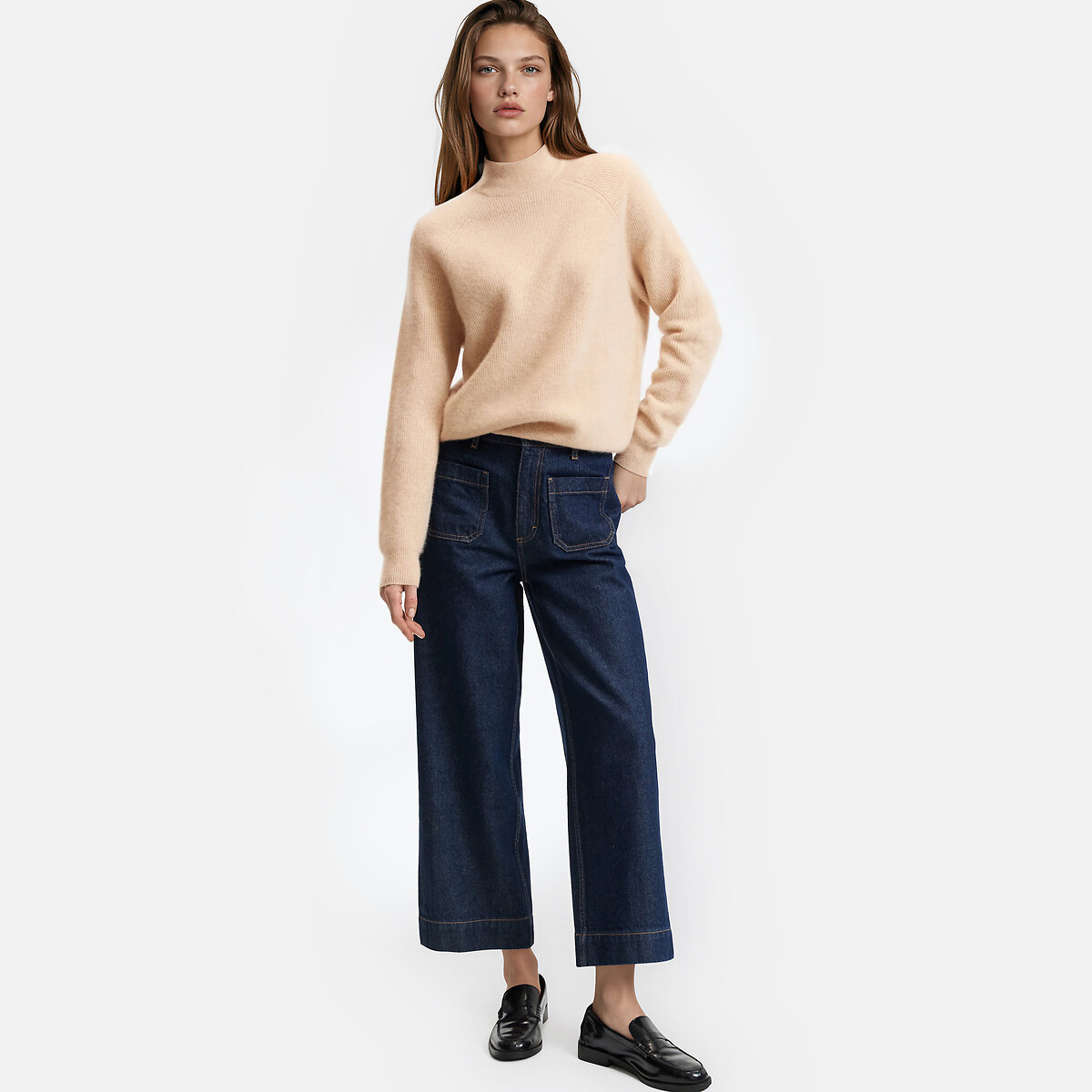 Wijde denim jeans, hoge taille, bijgesneden vorm ruw blauw, LA REDOUTE COLLECTIONS