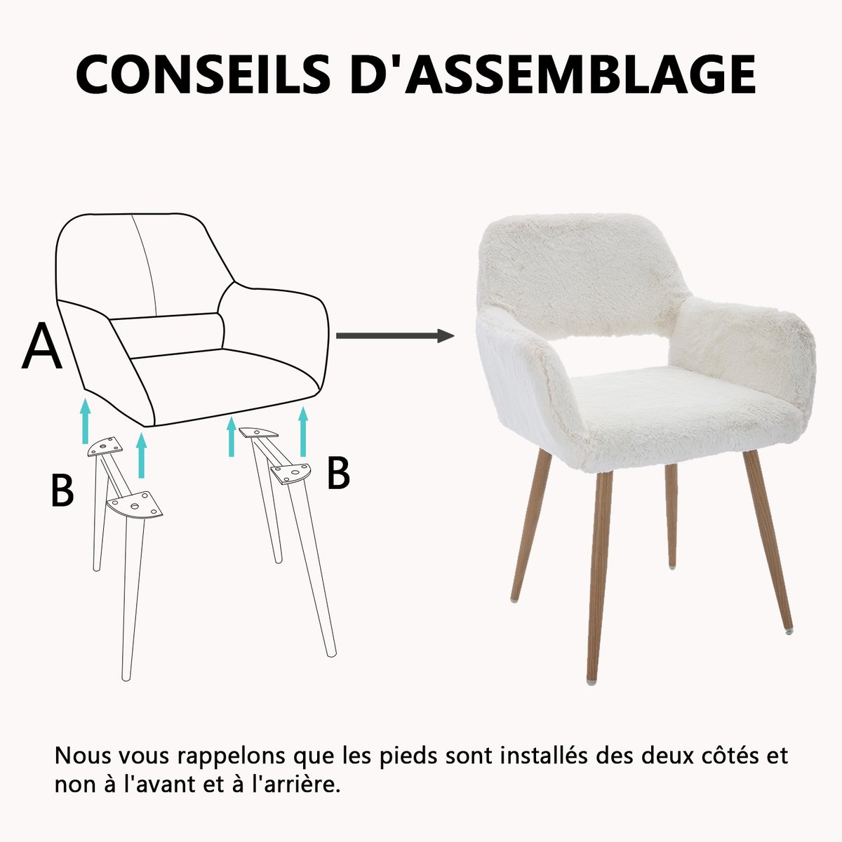 Fauteuil de bureau style scandinave en tissu effet poil de lapin, CROMWELL PELUCHEO blanc, MEUBLES COSY