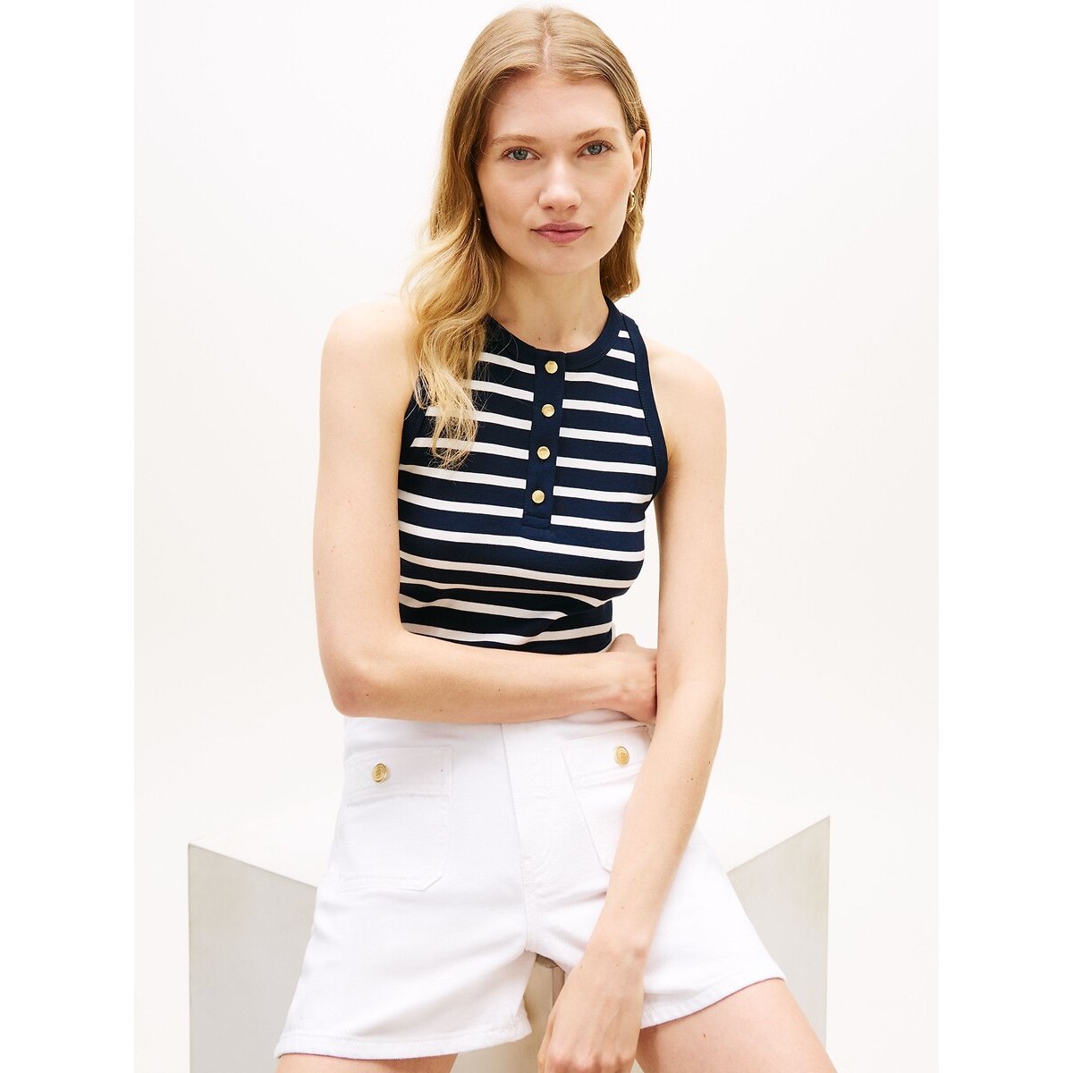 Canotta a righe con colletto rotondo abbottonato marine/écru, TOMMY HILFIGER