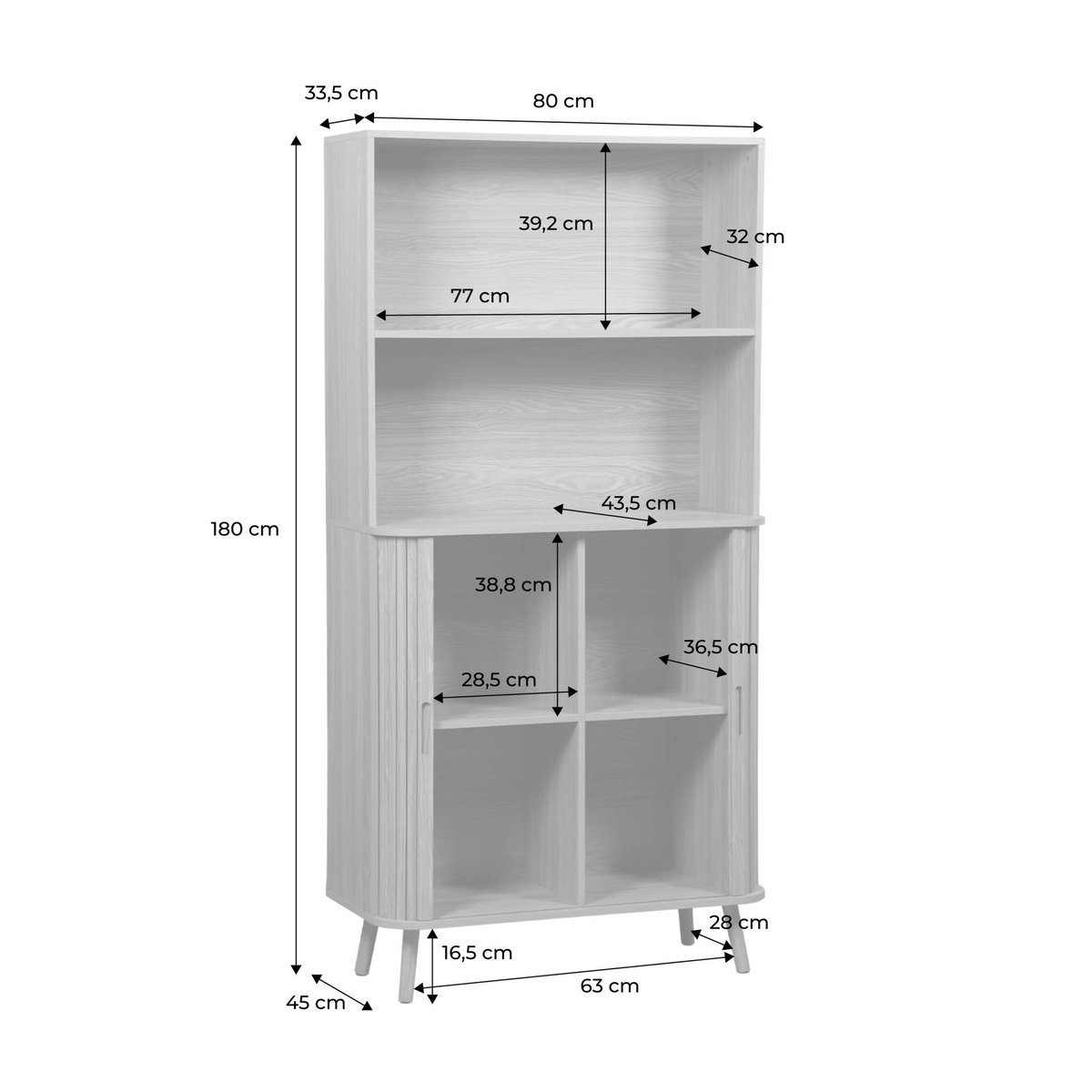 Etagère bibliothèque décor bois rainuré 2 portes coulissantes 4 niveaux LEGACY naturel, SWEEEK