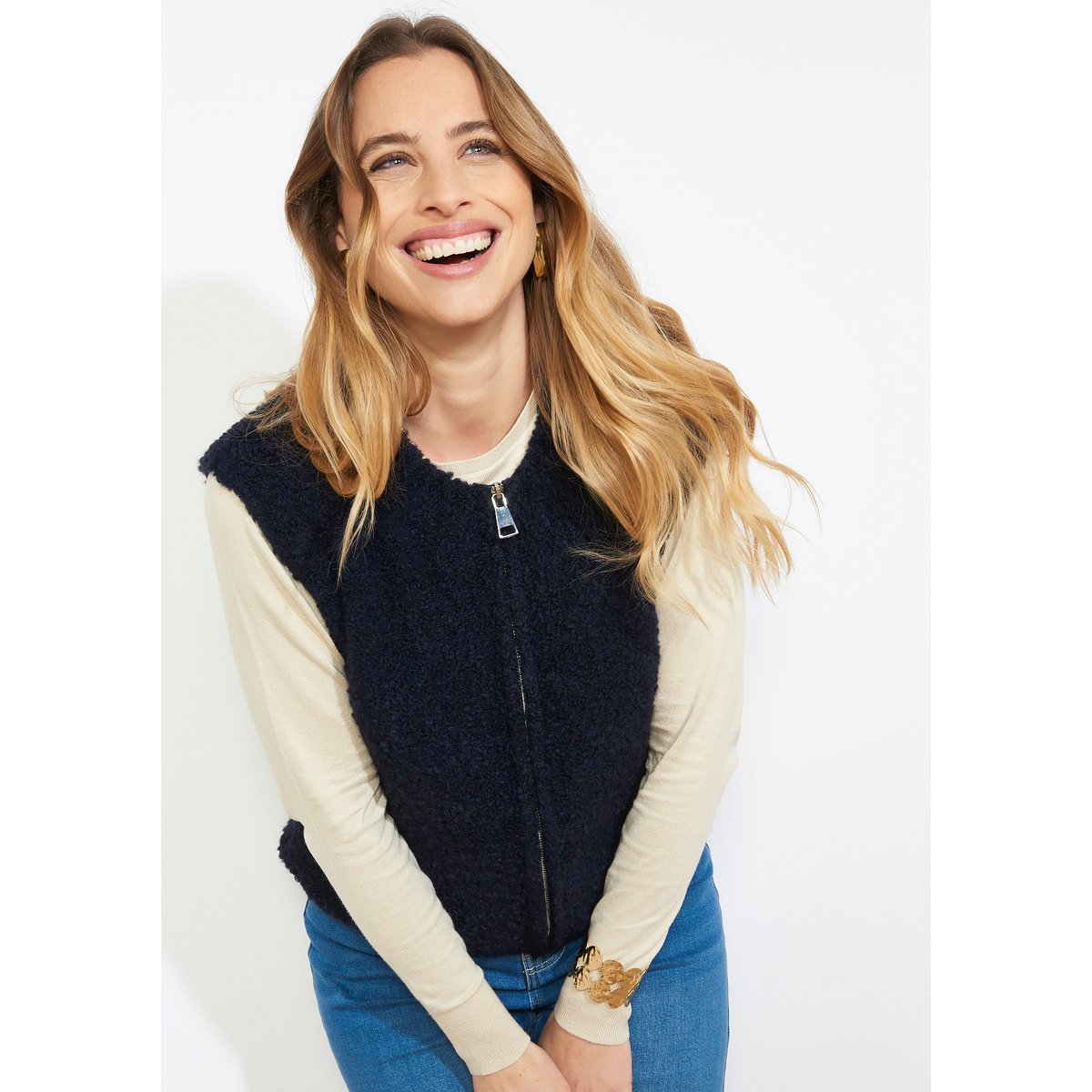 Gilet zippé effet moutonné bleu marine, LOLALIZA