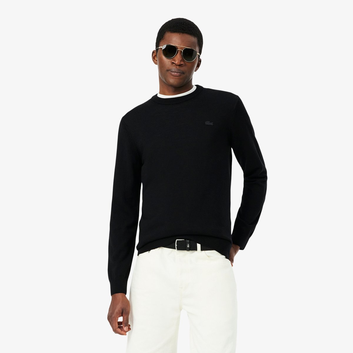 Pull en laine mérinos col rond noir-031, LACOSTE