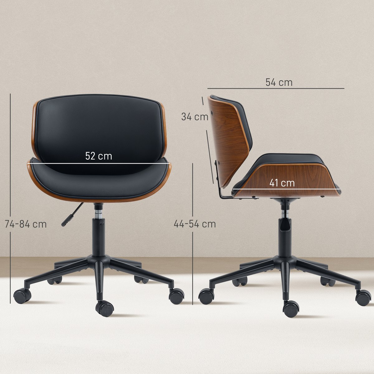 Chaise de bureau PU Noir noir et marron noyer, HOMCOM