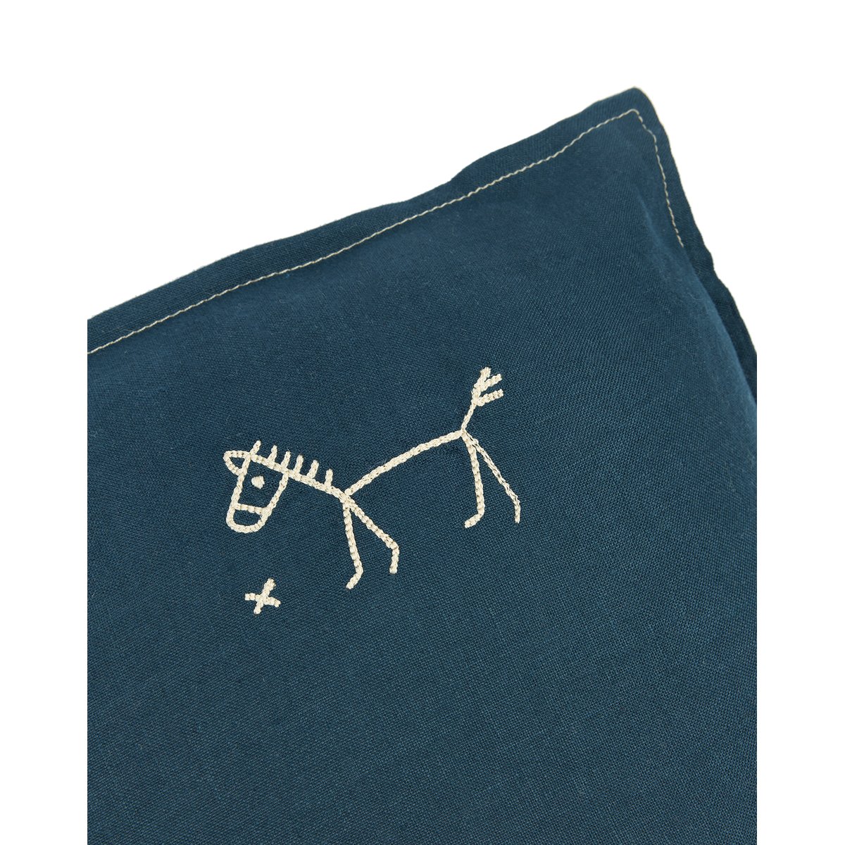 Coussin carré brodé en lin français lavé L1N0 deep blue, NOBODINOZ