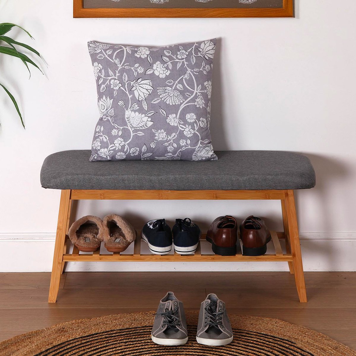 Banquette d'entrée pour chaussures en bois et tissu gris 90x34x44cm gris, WADIGA