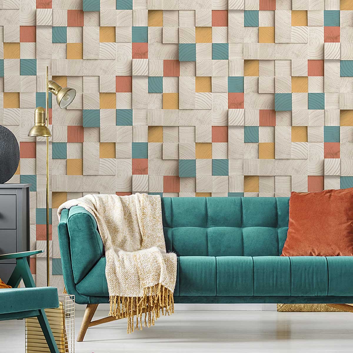 Papier peint cubes bois colorés design moderne multicolore, HEXOA
