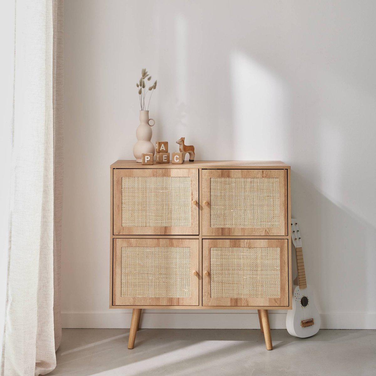 Commode enfant décor bois et cannage 4 portes BOHÈME naturel, SWEEEK