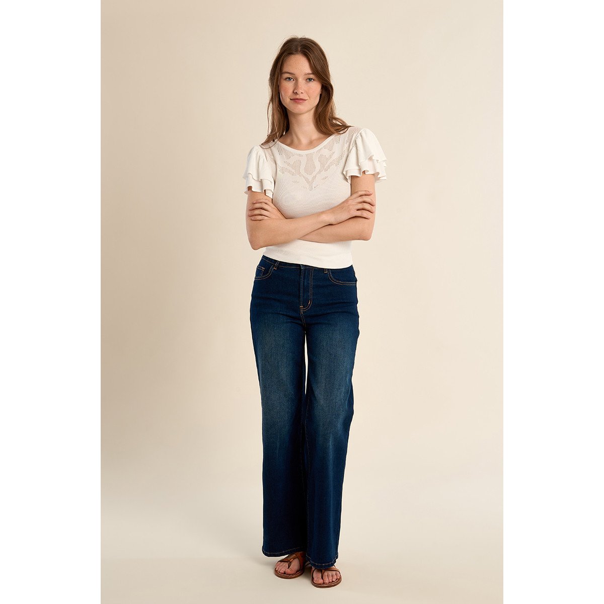 T-shirt avec col en semi-transparence offwhite, MOLLY BRACKEN