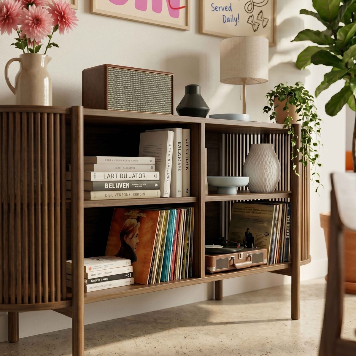 Buffet ouvert effet bois 160 cm style bohème, MARCUS bois foncé, OVIALA