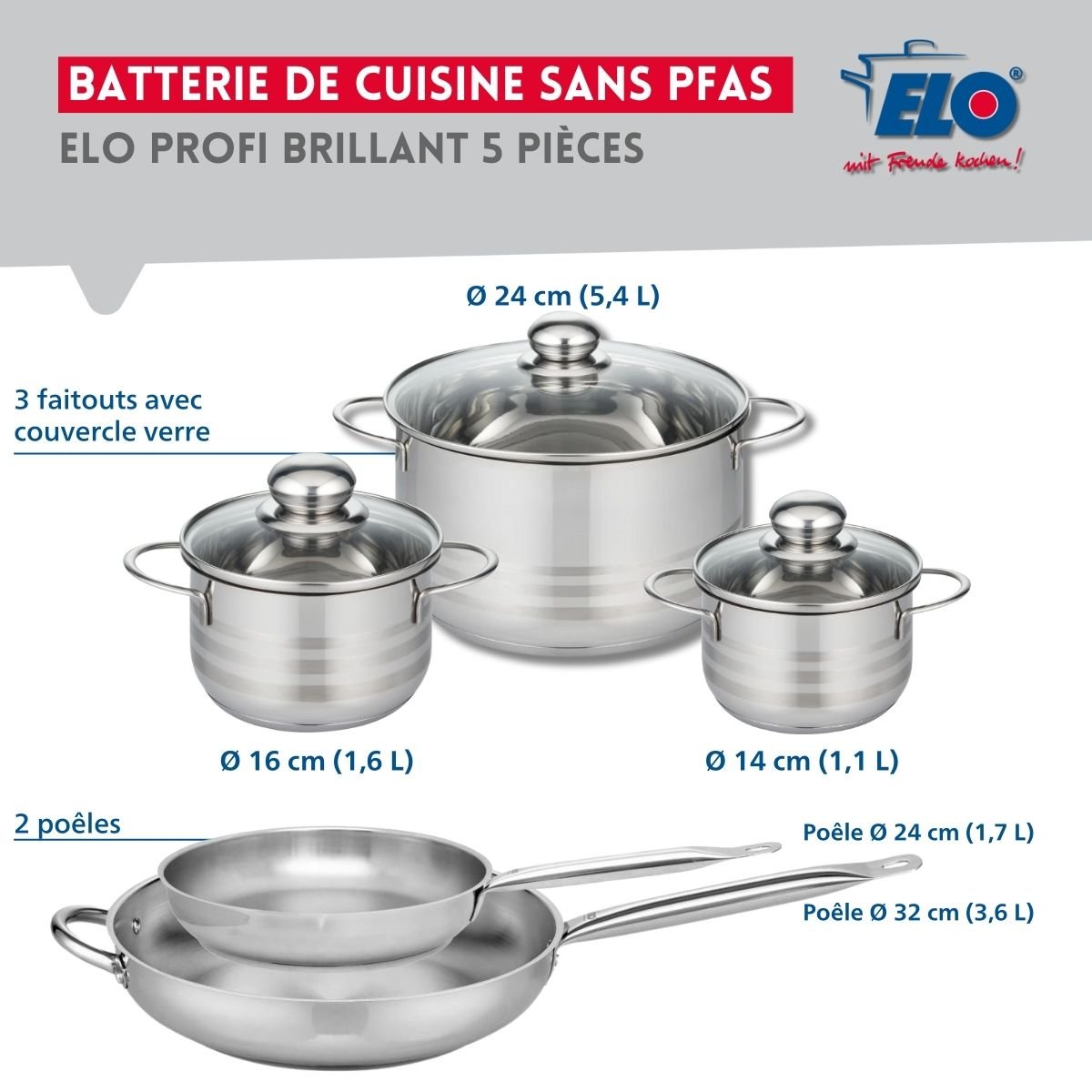 Batterie 2 poêles 24/32cm + 3 faitouts 14/16/24cm PROFI BRILLANT gris, ELO