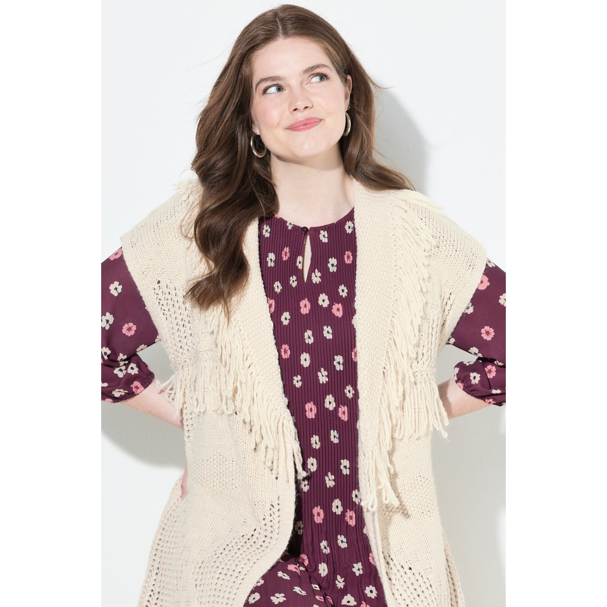 Cardigan long et oversize, coupe ouverte mastic foncé, ULLA POPKEN