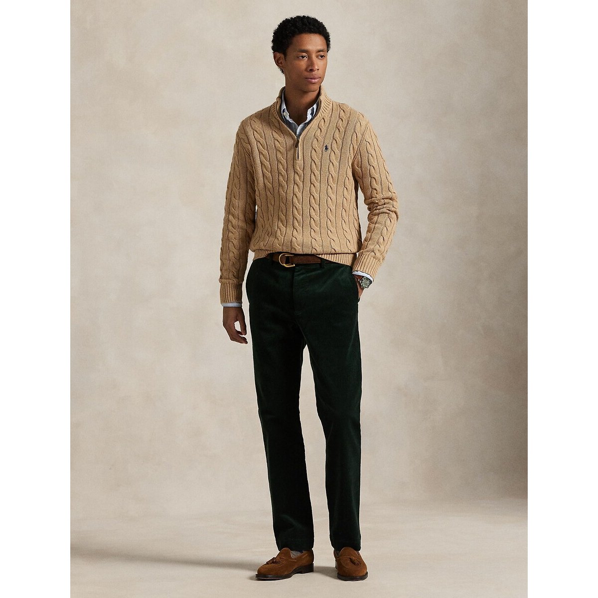 Pull demi-zippé en coton torsadé camel, POLO RALPH LAUREN