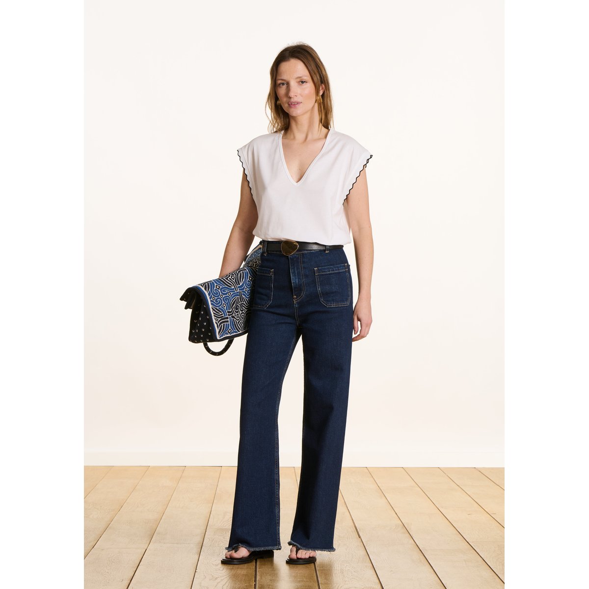 T-shirt droit col V en coton biologique ecru, LA FEE MARABOUTEE