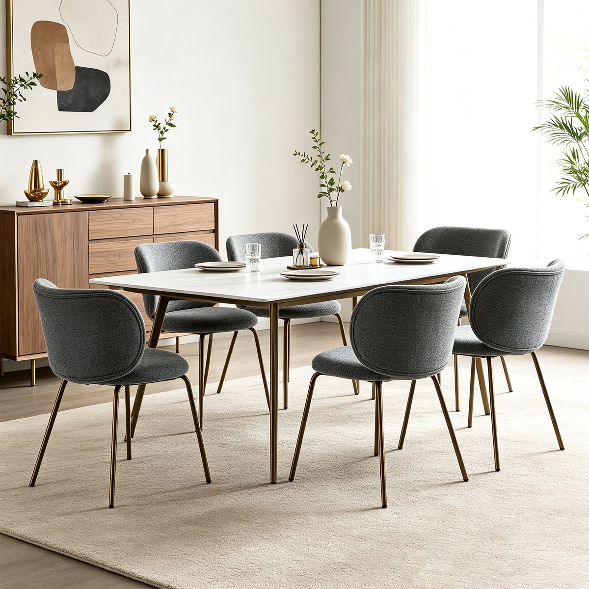 Lot de 6 chaises de salle à manger modernes en chenille tissu, KAROMIC gris, MEUBLES COSY
