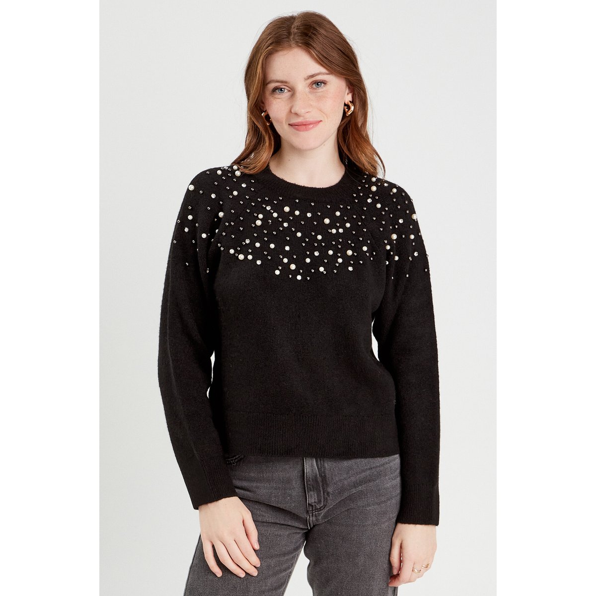 Pull perles et détails bijoux noir, CACHE CACHE