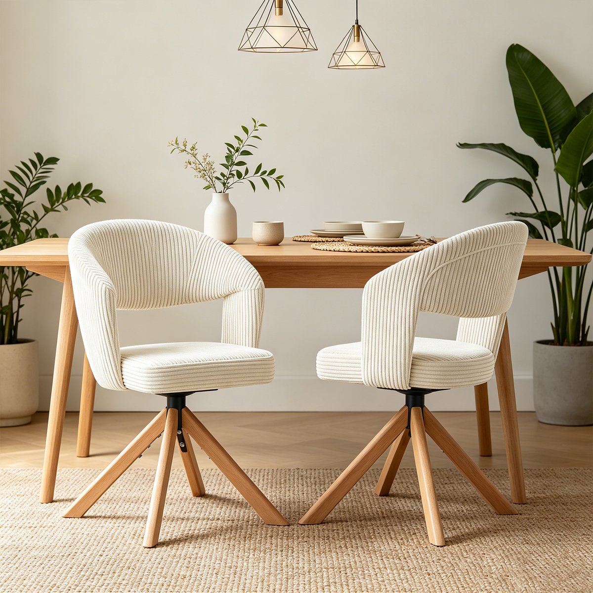 Lot de 2 fauteuils de salle à manger rotatif velours côtelé, CARMONDBCORD chêne beige, MEUBLES COSY