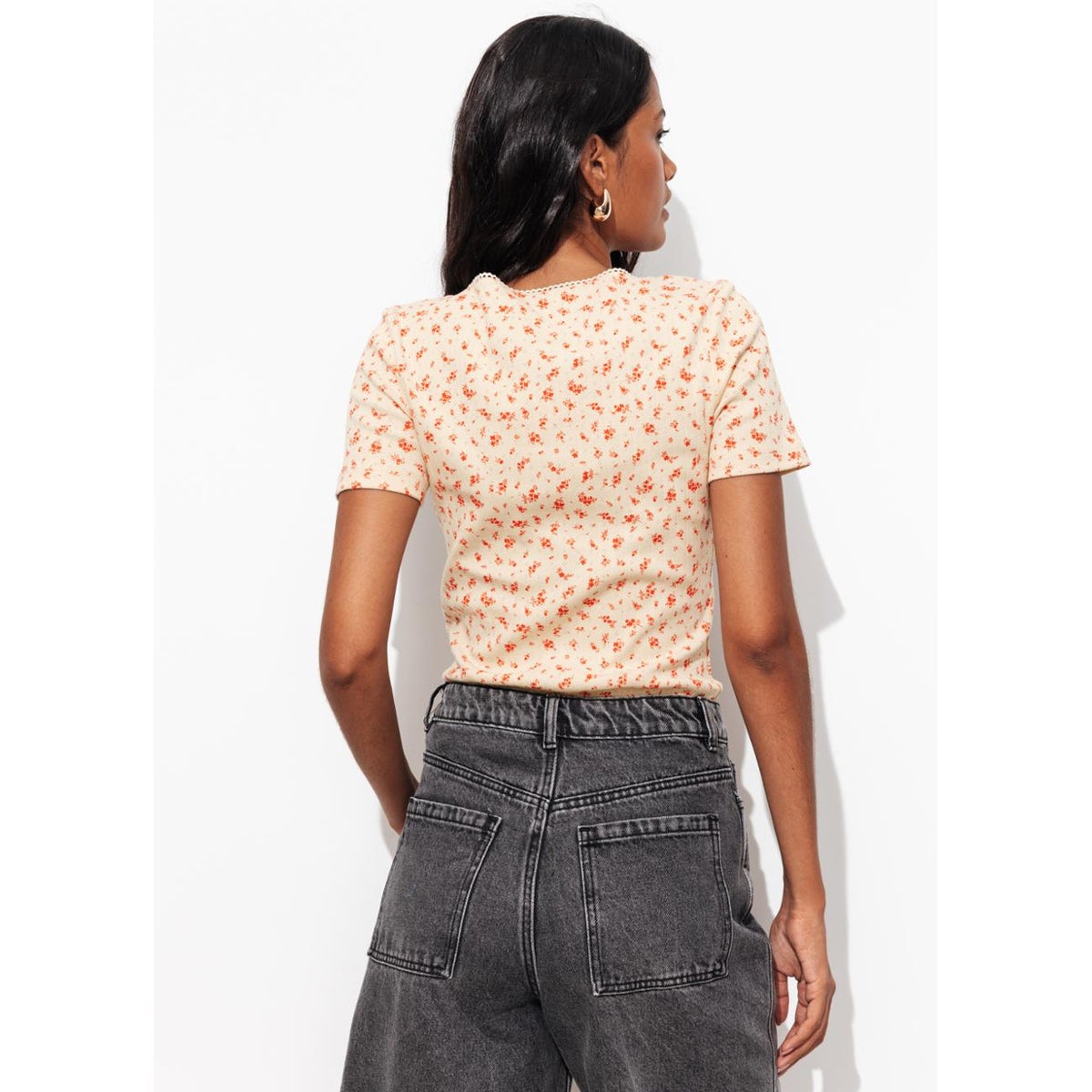 T-shirt pointelle fleurette imprimé rouge, PROMOD