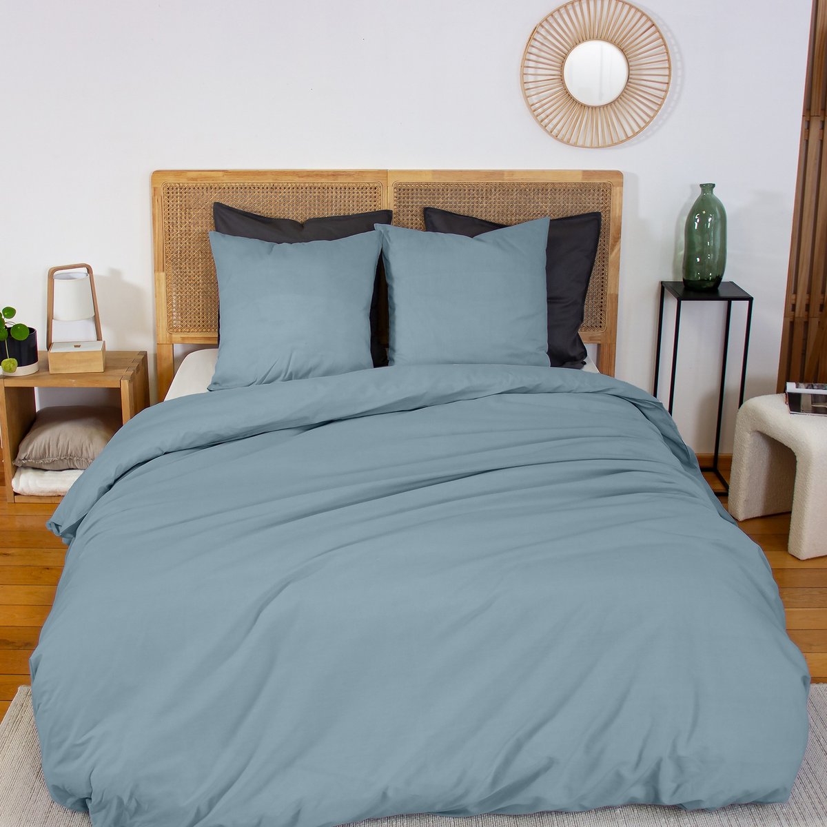 Parure de lit - housse de couette avec taies en percale de coton bleu fumé, EDEN