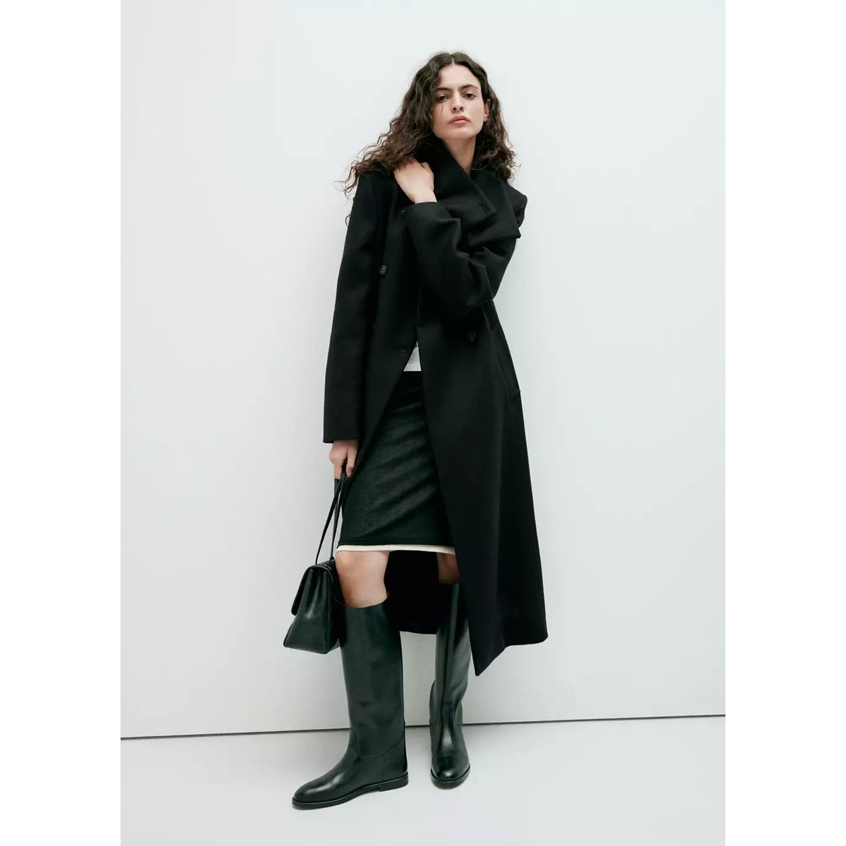 Manteau laine Manteco col cheminée noir, MANGO