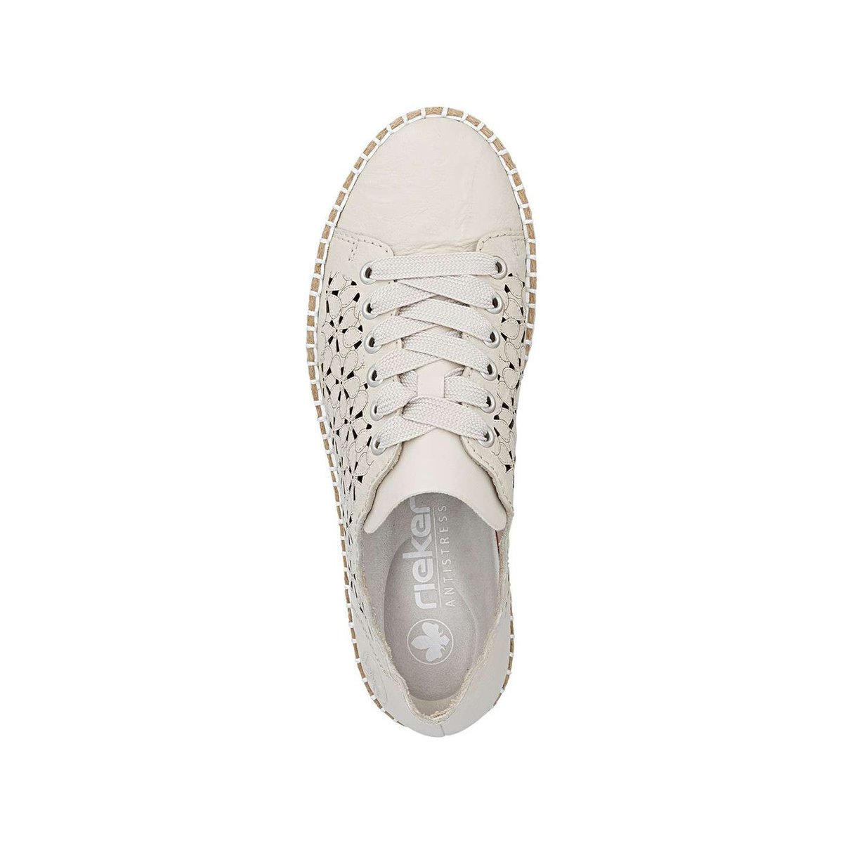 Tennis beiges en cuir à talon plat avec des lacets et des motifs fleuris beige, RIEKER