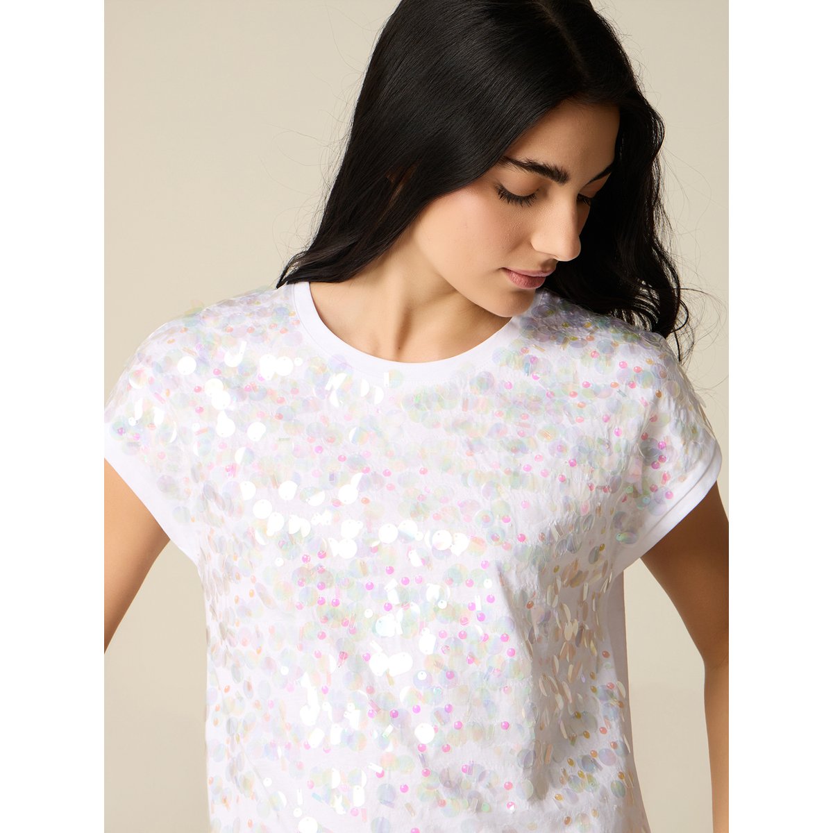 T-shirt avec broderie en paillettes blanc, OLTRE