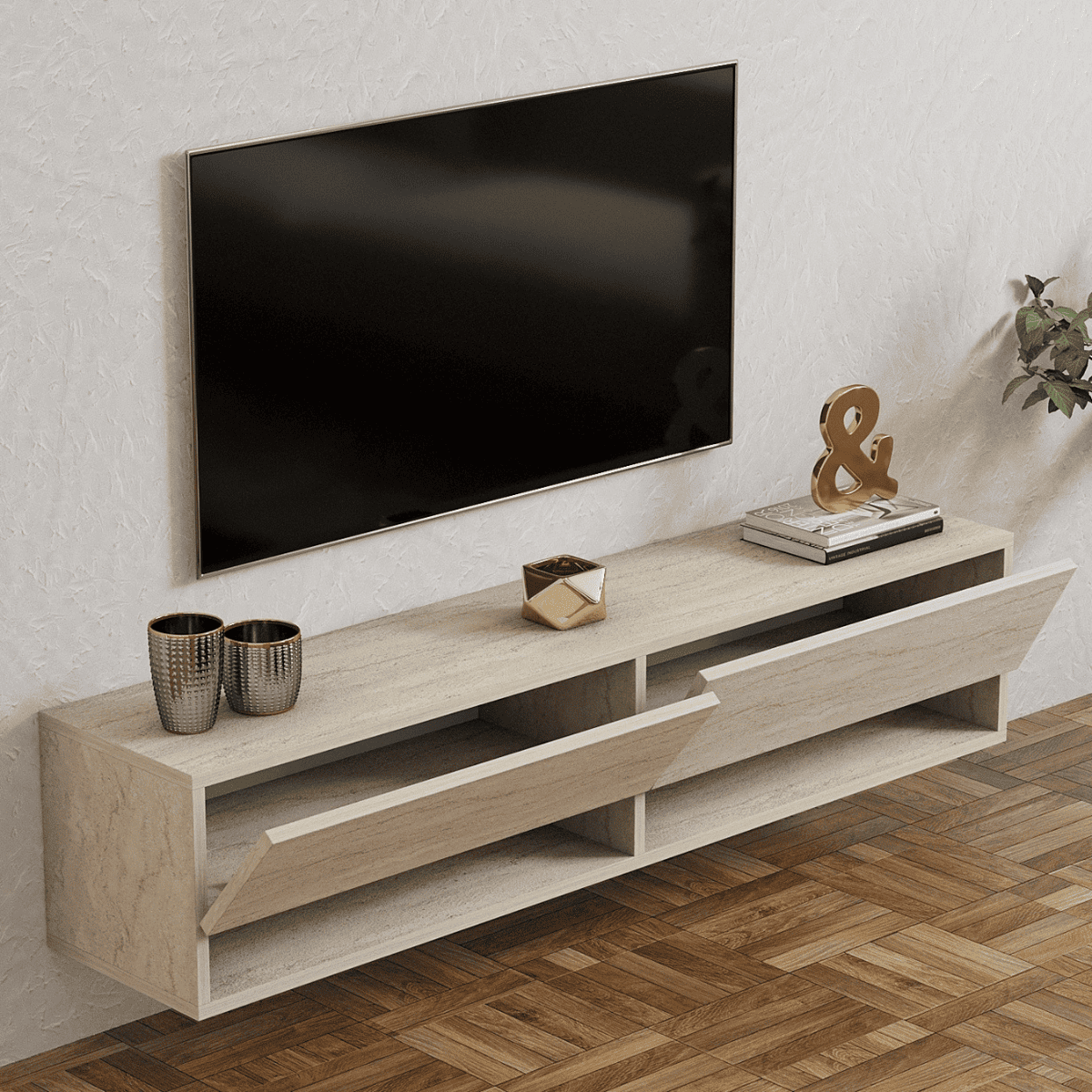 Meuble TV suspendu 2 portes abattantes décor travertin L141 cm - ARGES beige, CALICOSY