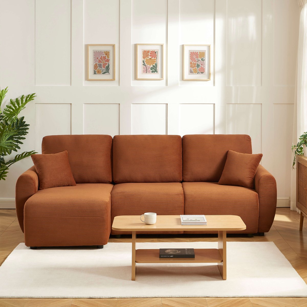 Canapé d'angle convertible velours  DANILO terracotta, BAÏTA