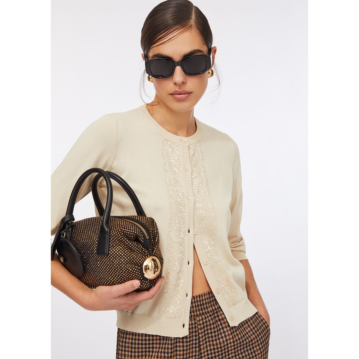 Cardigan avec détails en dentelle beige clair, LIU JO