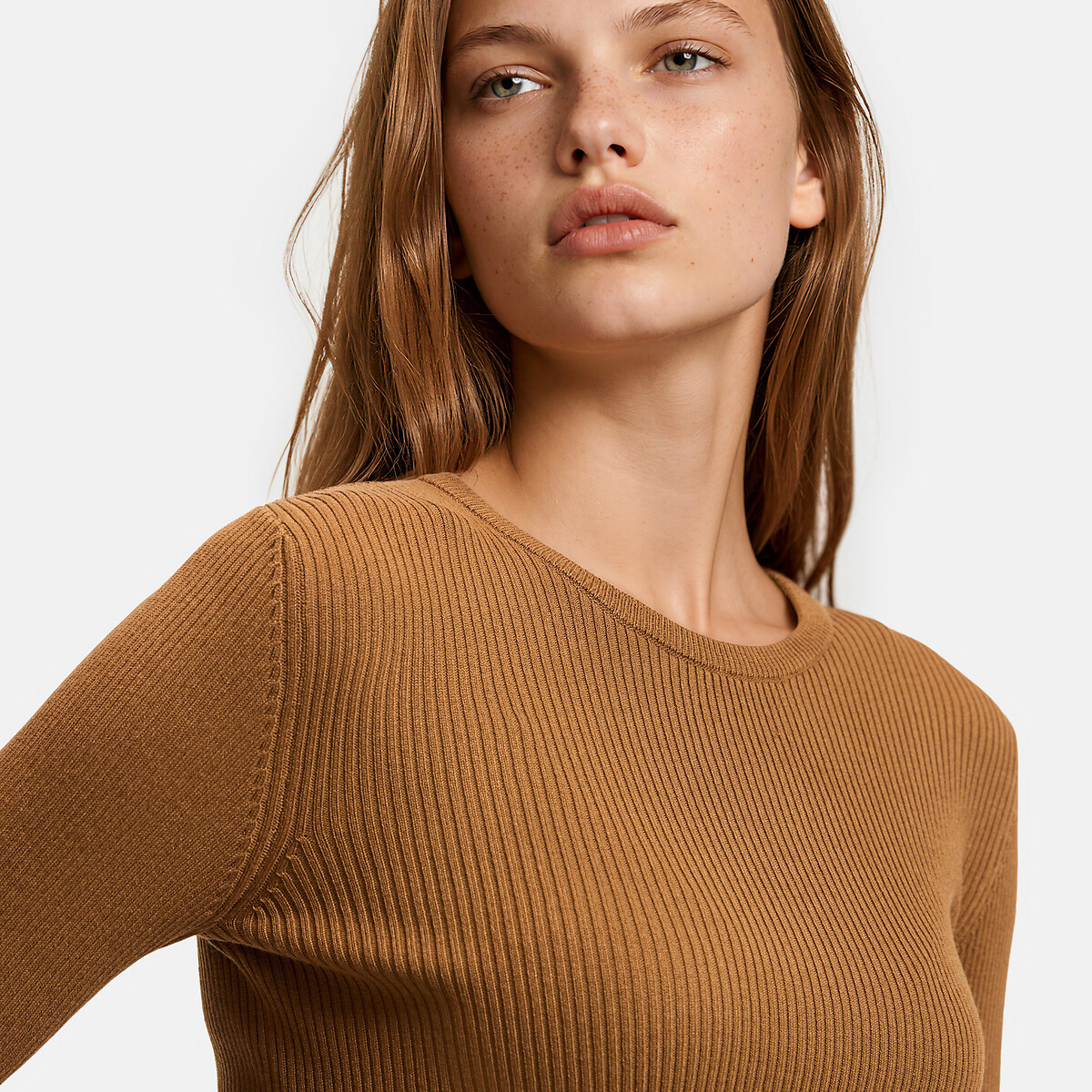 Jersey con cuello redondo de punto fino marrón camel, LA REDOUTE COLLECTIONS