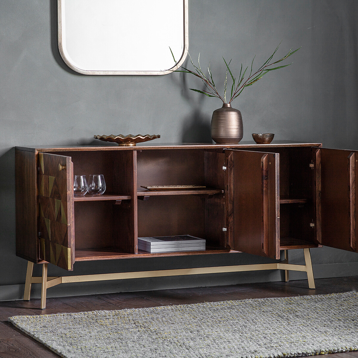 Almora Acacia Wood and Brass 3 Door Sideboard dark wood, ÉDITÉ