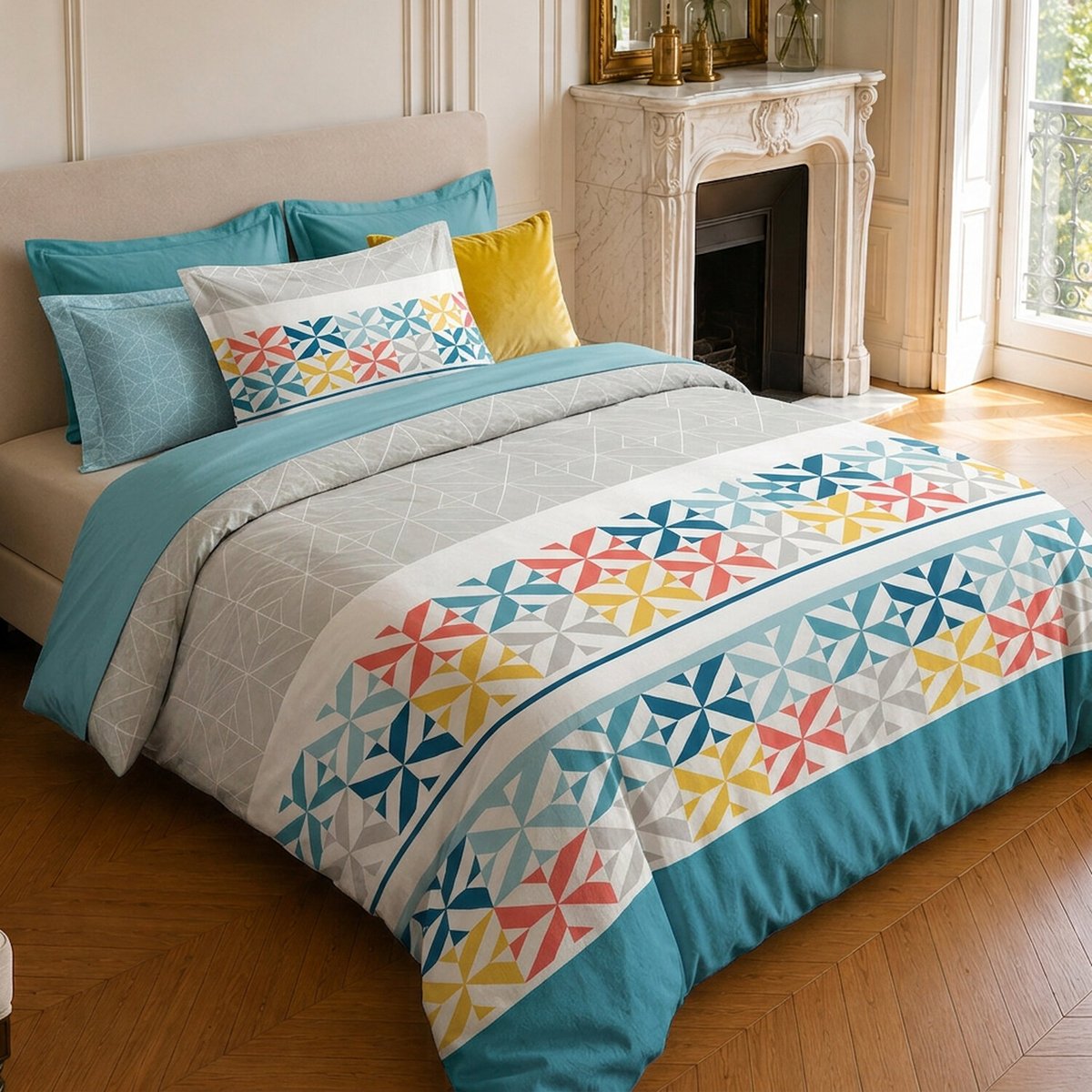 Parure de lit en coton motif géométrique, BLUEBERRY turquoise, C DESIGN HOME TEXTILE