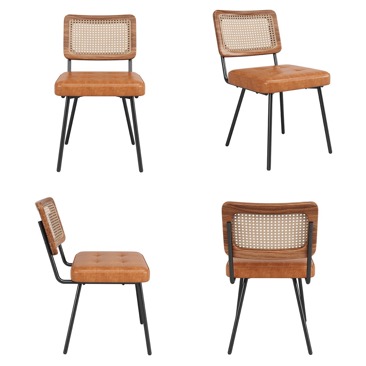 Lot de 4 chaises de salle à manger en simili cuir avec dossier en rotin PE style rétro moderne, KAROMIR marron, MEUBLES COSY