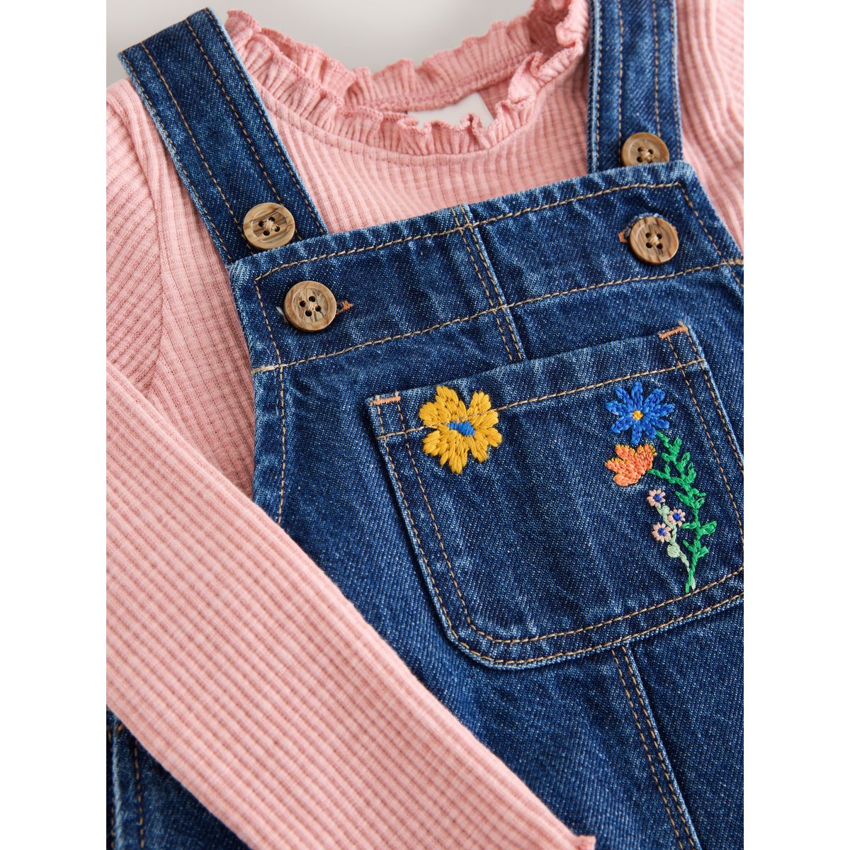 Ensemble salopette en jean broderie florale rose, NEXT