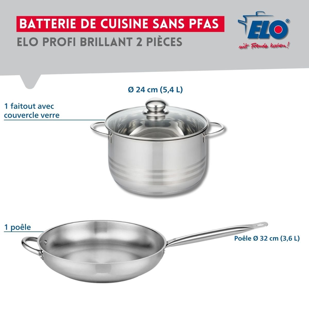 Batterie de cuisine 1 poêle 32cm + 1 faitout 24cm PROFI BRILLANT gris, ELO