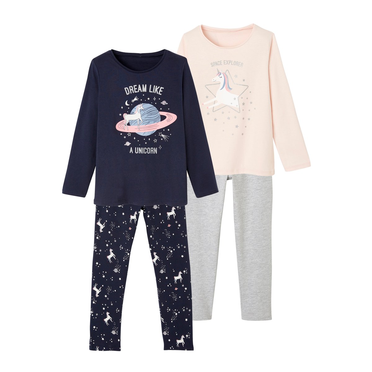 Lot de 2 pyjamas licorne Oeko-Tex® lot rose, VERTBAUDET