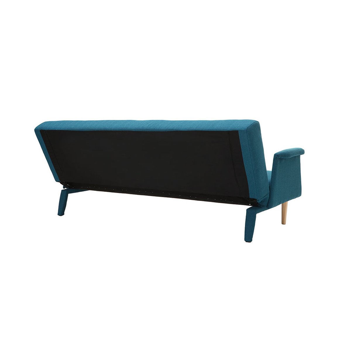 Canapé convertible scandinave 3 places en tissu bleu canard et bois clair OSCAR bleu canard, MILIBOO