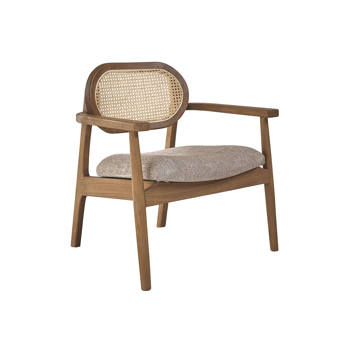 Fauteuil en teck massif , cannage et tissu  SABI grege, BERAH GETAH