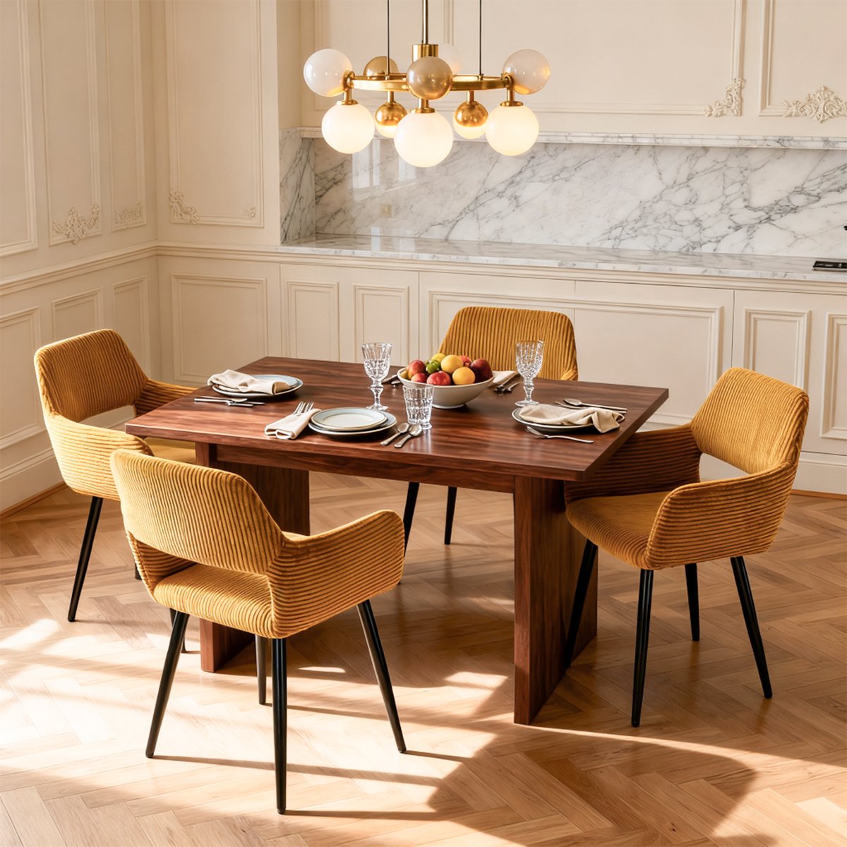 Lot de 4 chaises de salle à manger velours côtelé scandinave, CROMWELL jaune, MEUBLES COSY