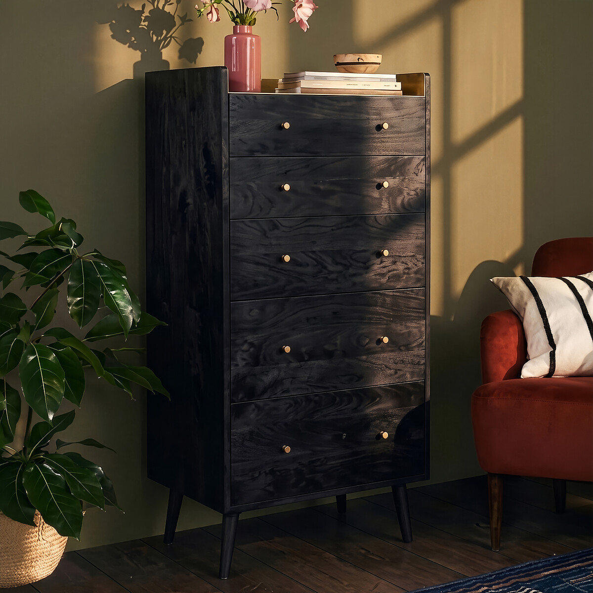 Fresco Mango Wood 5 Drawer Chest Of Drawers black, SWOON