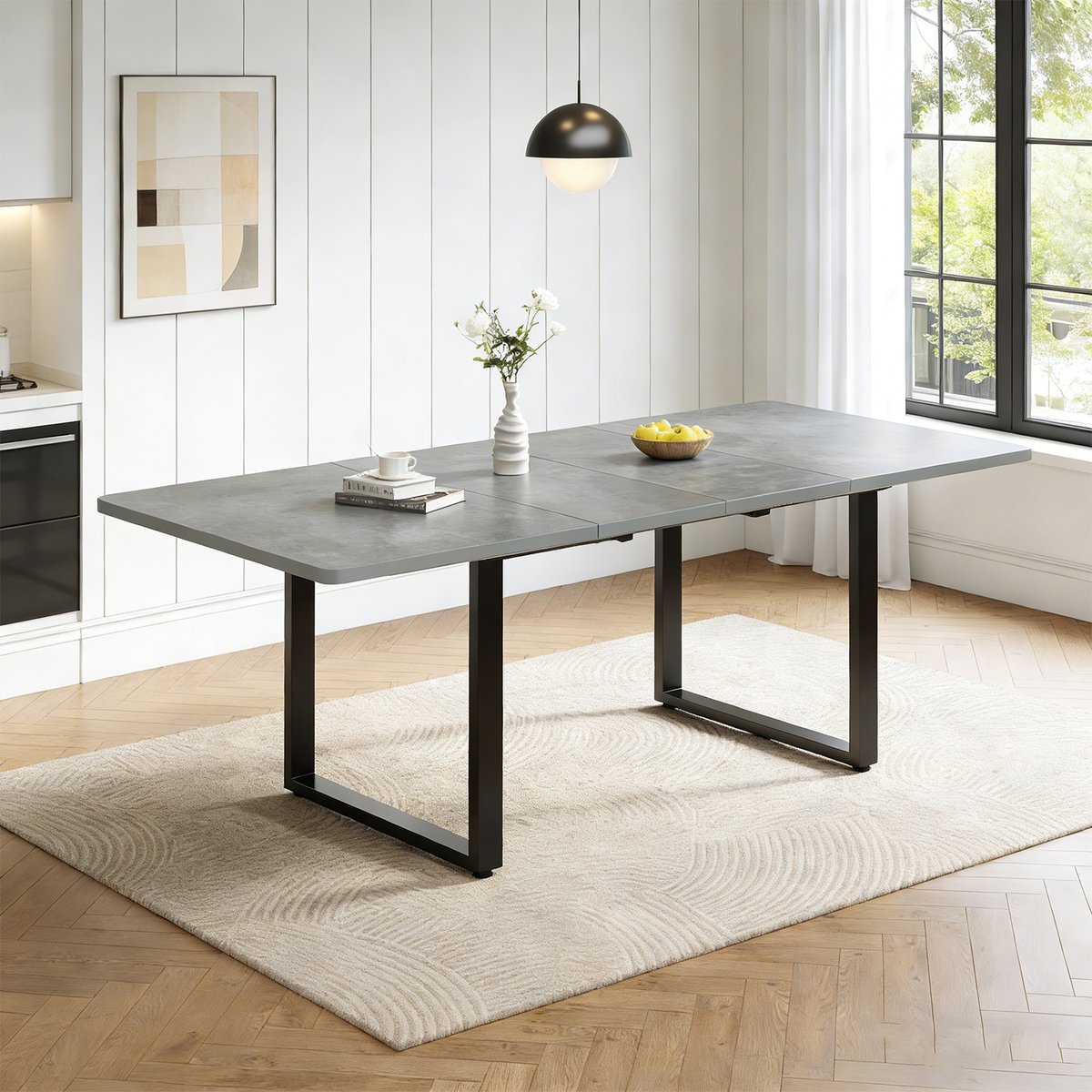 Table à manger extensible à allonge papillon intégrée, ELMOB gris, MEUBLES COSY