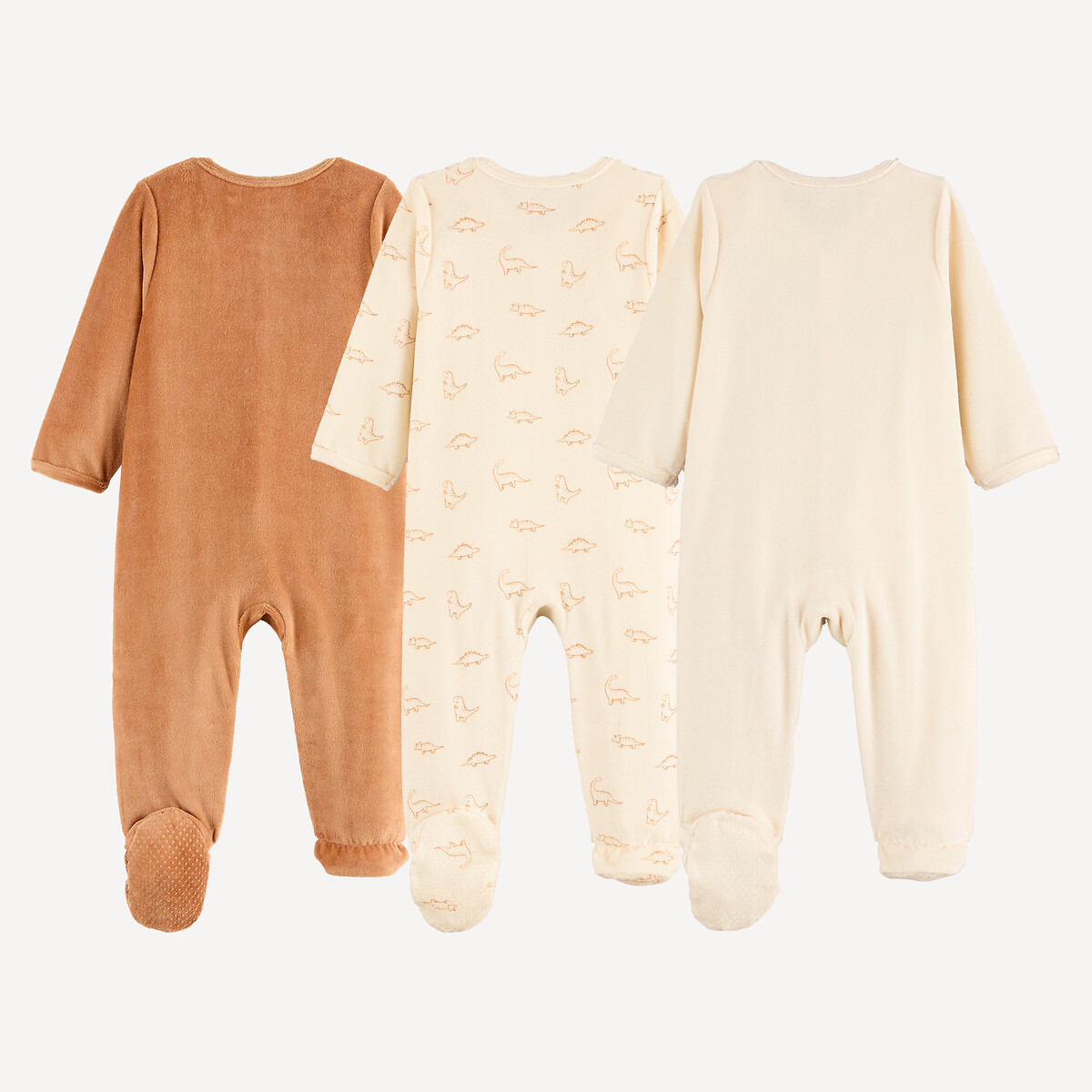 Lot de 3 pyjamas en velours, ouverture devant, motifs dinosaures ecru + camel, LA REDOUTE COLLECTIONS