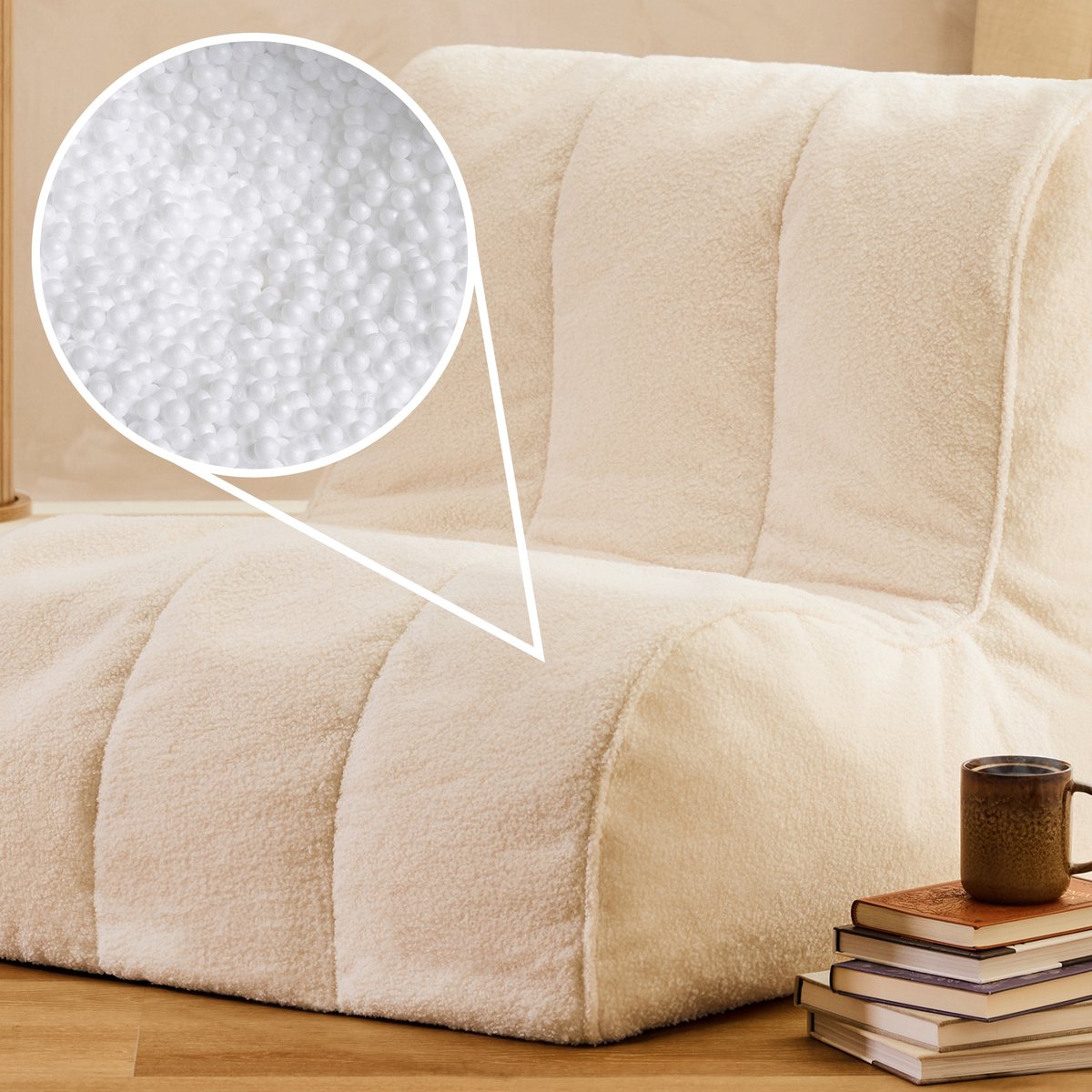 Pouf chauffeuse fauteuil de sol en bouclette Oeko-Tex® - SWOOP ivoire, ICON