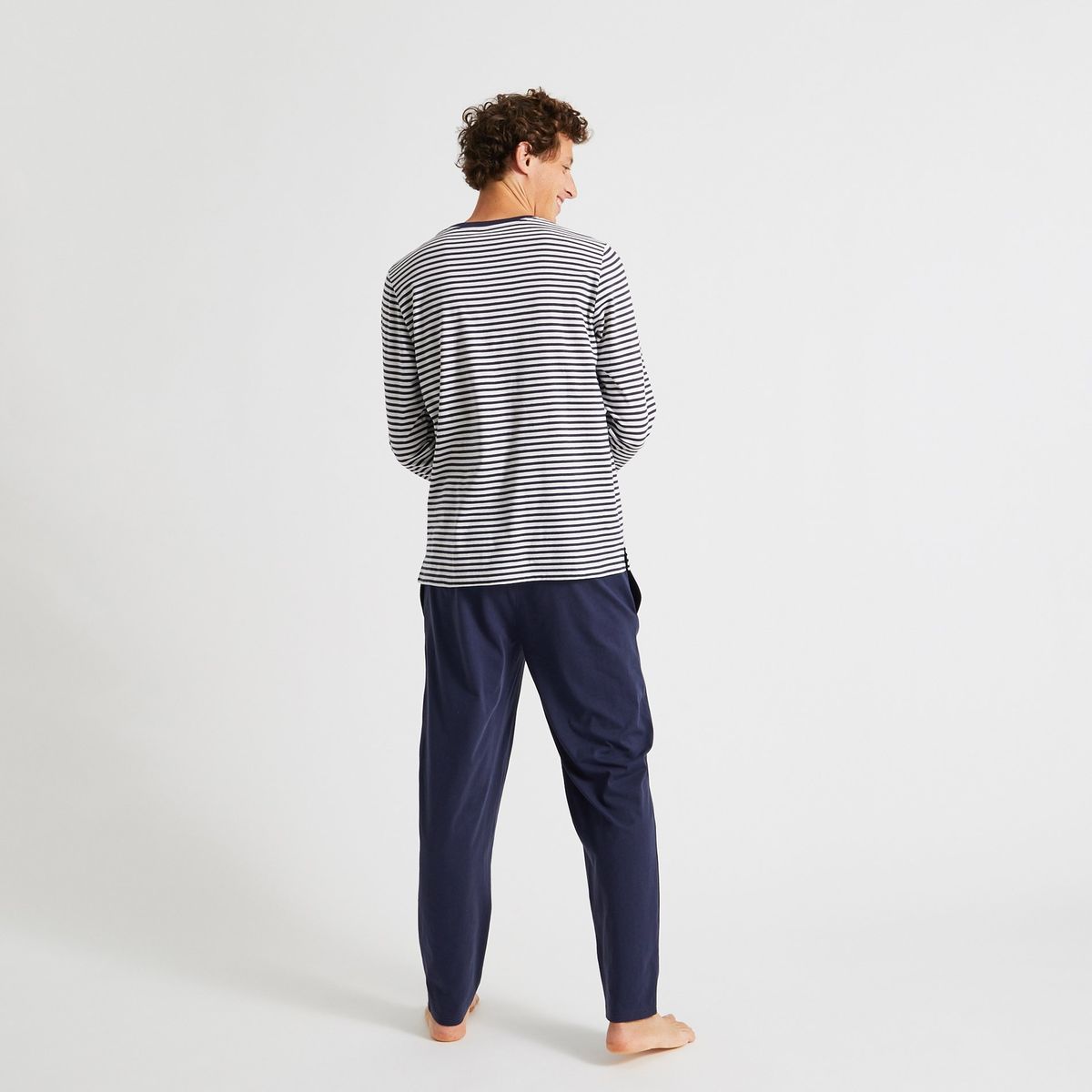Pyjama T-shirt manches longues rayé et pantalon en jersey de coton BIO GOTS bleu marine, MONOPRIX