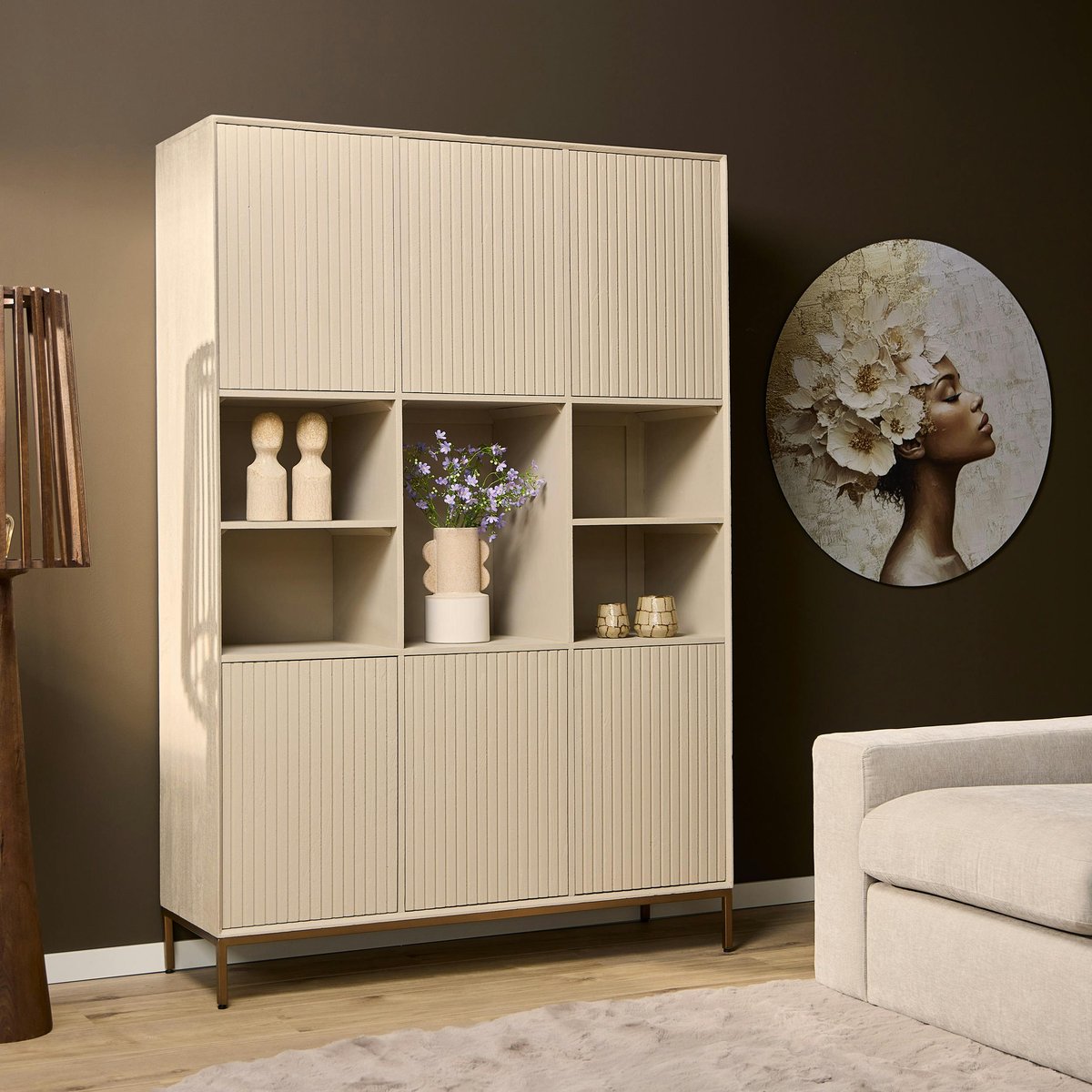 Bibliothèque de salon 6 portes rainurées CORTINA beige, PIER IMPORT